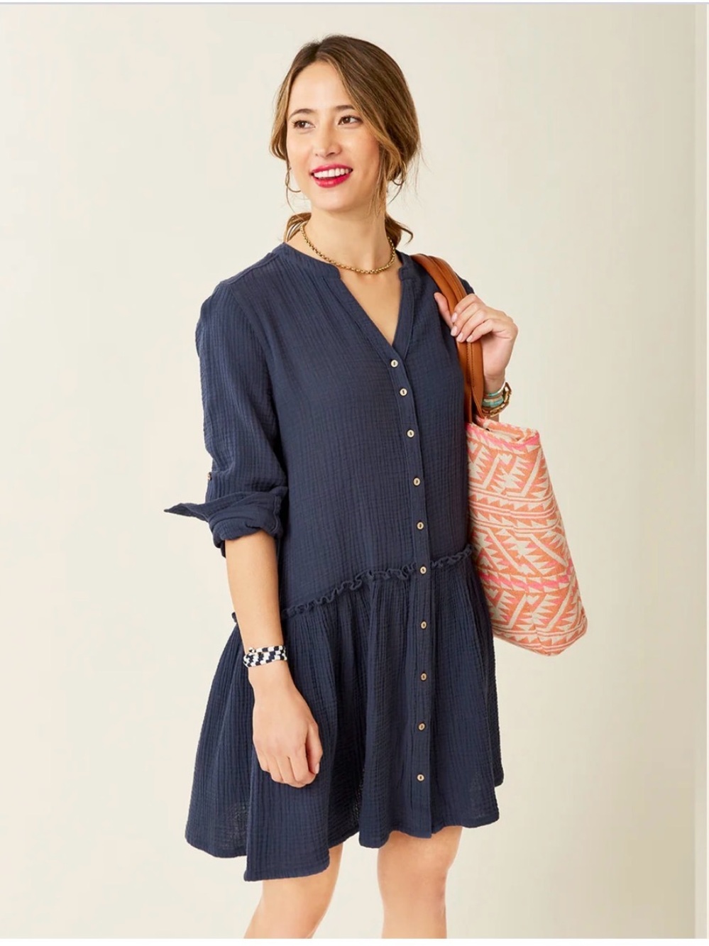 Carve Designs Navy Button-Front Gauze Blair Dress